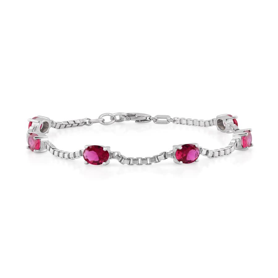 Belacqua Siam Ruby July Birthstone Bracelet in Sterling Silver, Oval Cut 5*7mm, 7.5 Inches Length Bracelet for Women, Gift Box Included