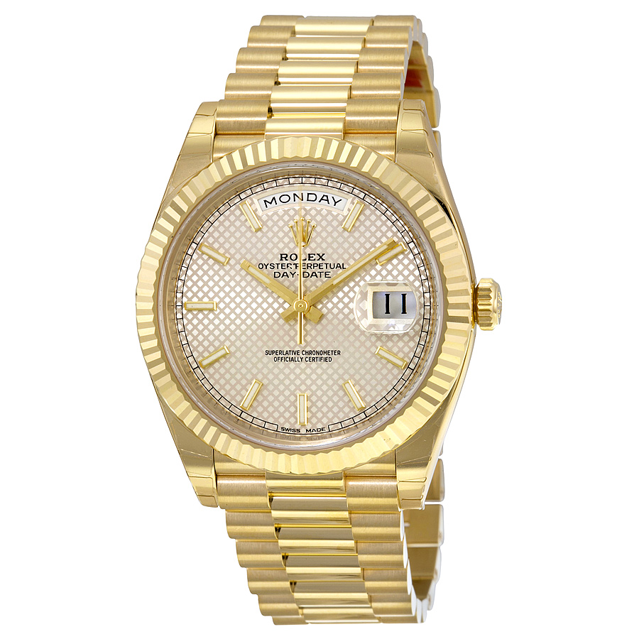 Preowned Rolex DayDate 40 Silver Diagonal Motif Dial 18K Yellow Gold President Automatic Mens Watch 228238SSP