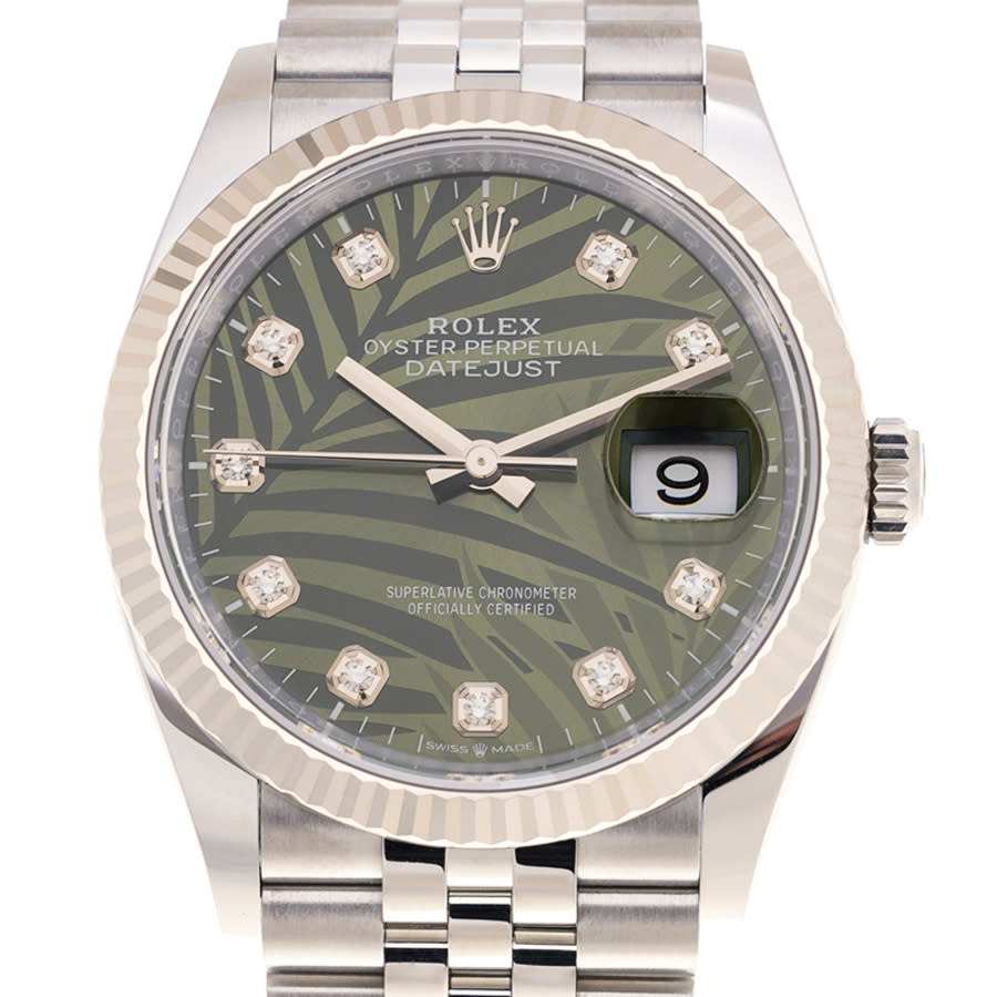 Rolex Datejust 36 Olive Green Palm Motif Diamond Dial Automatic Mens Jubilee Watch M1262340055