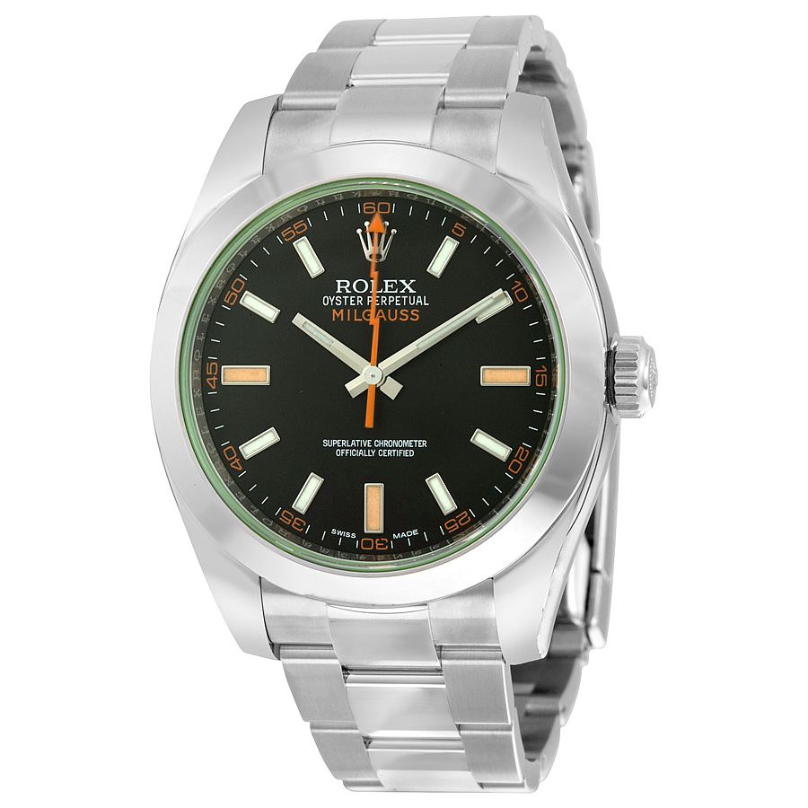 Preowned Rolex Milgauss Black Dial Domed Bezel Green Crystal Oyster Bracelet Watch 116400V