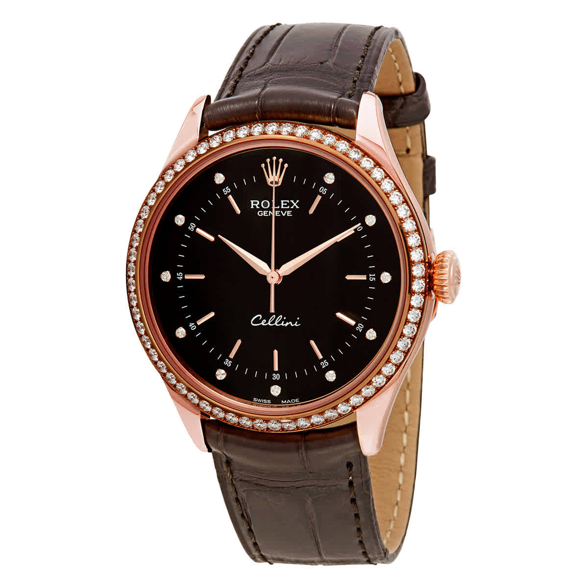 Rolex Cellini Time Black Diamond Dial Automatic Mens Leather Watch 50705BKDL 22725$