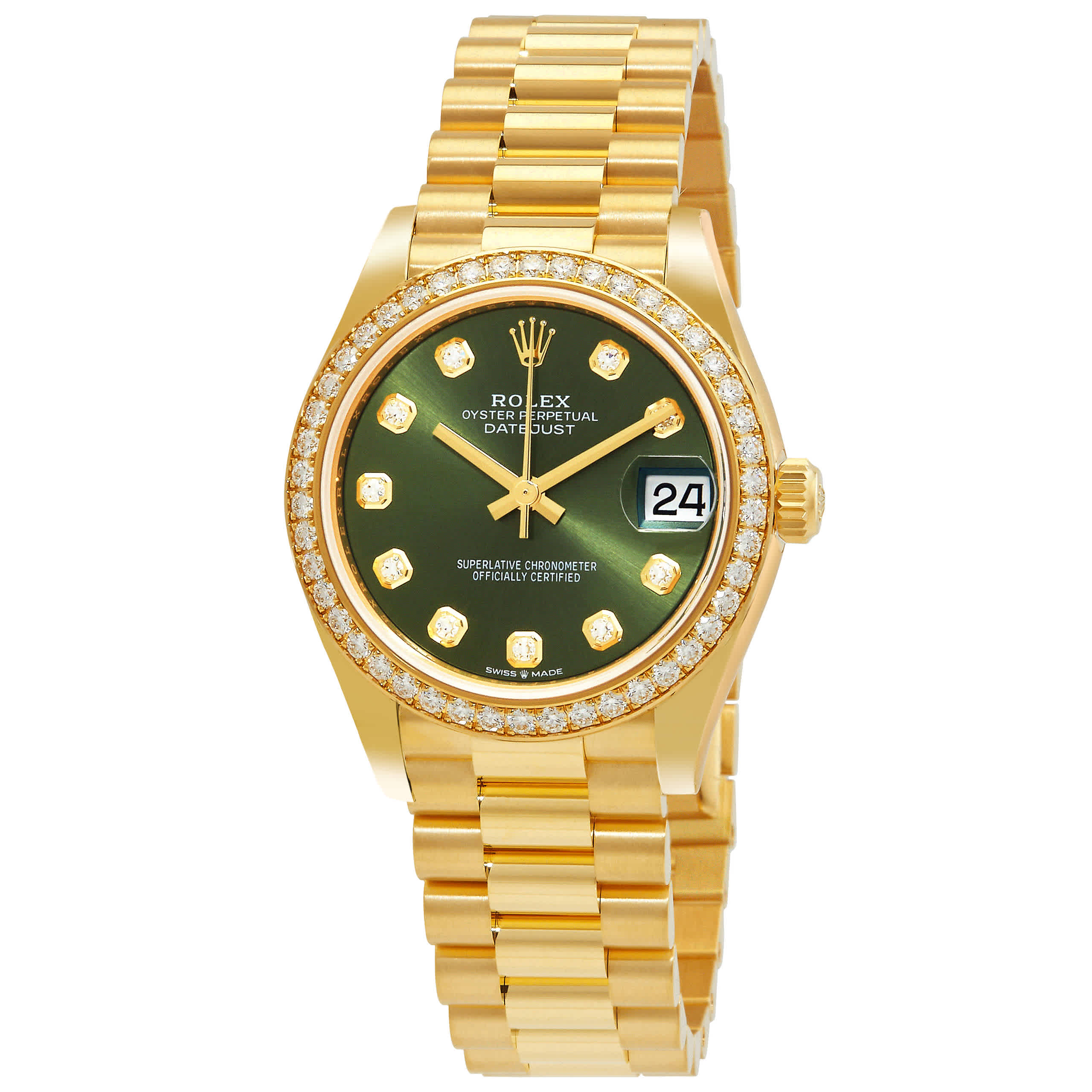 Rolex Datejust 31 Olive Green Diamond Dial Ladies 18kt Yellow Gold President Watch 278288GNDP