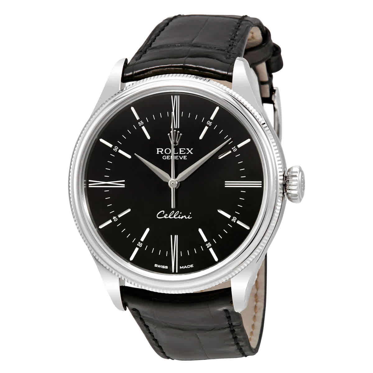 Rolex Cellini Time Black Dial Automatic Mens 18 Carat White Gold Watch 50509BKSL