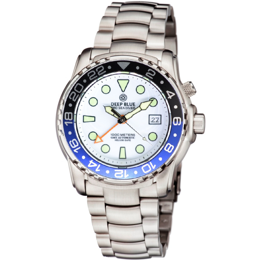 Deep Blue Pro Sea Diver 1000M Gmt Automatic White Dial Mens Watch GMTPSD1KBTMNWHT