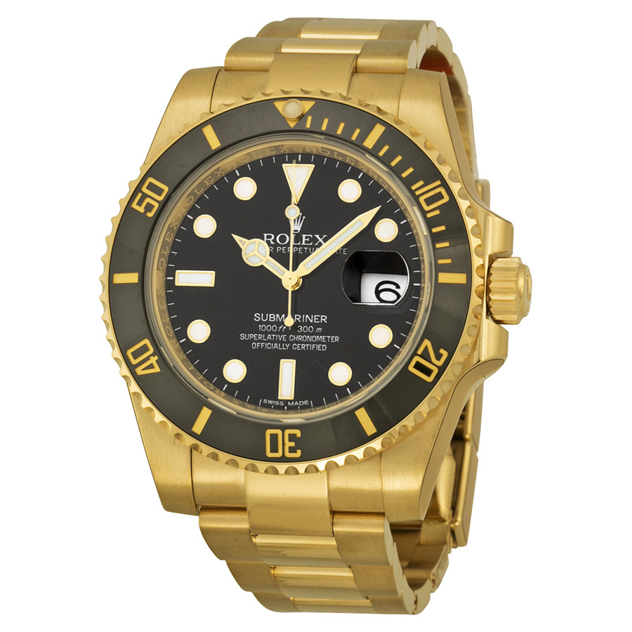 Preowned Rolex Submariner Black Dial 18K Yellow Gold Oyster Bracelet Automatic Mens Watch 116618BKSO