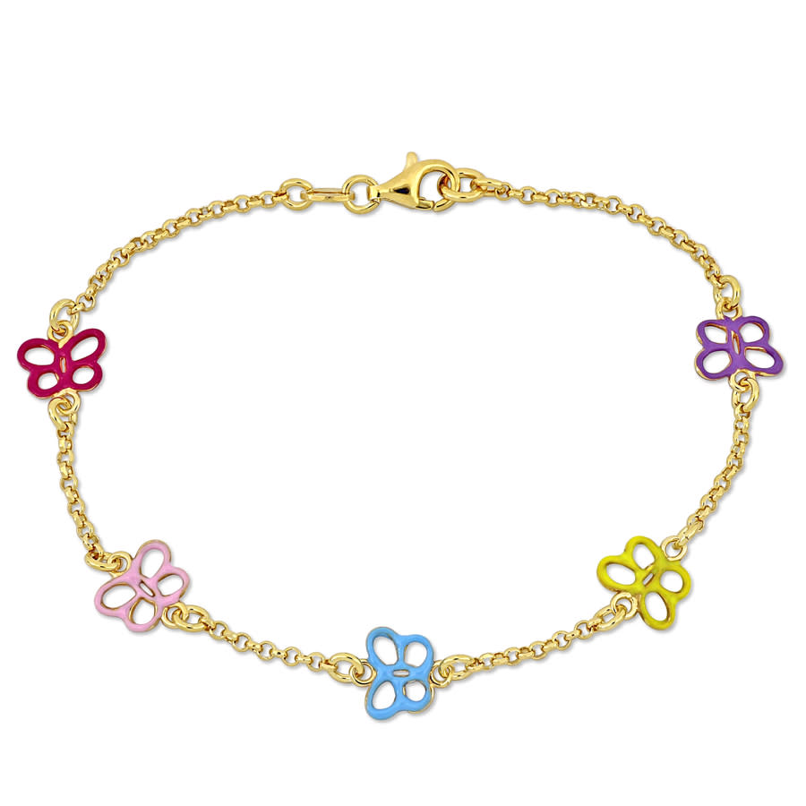 Amour Multi-Color Butterfly Enamel Charm Bracelet in Yellow Plated Sterling Silver 49$