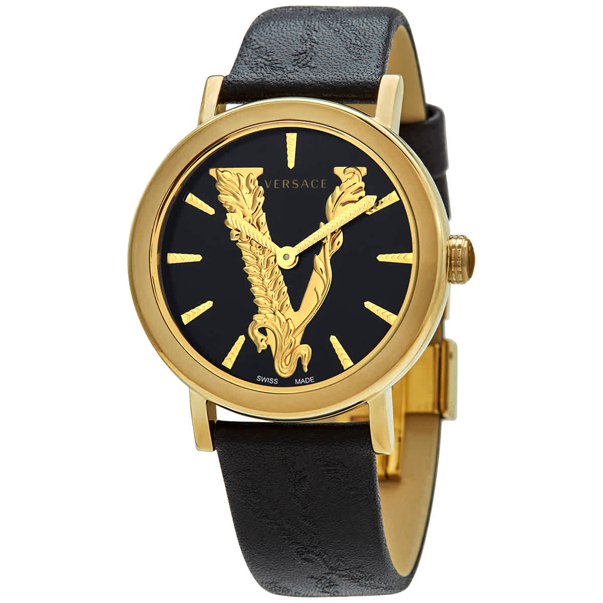 Versace Virtus Quartz Black Dial Black Leather Ladies Watch VEHC00119
