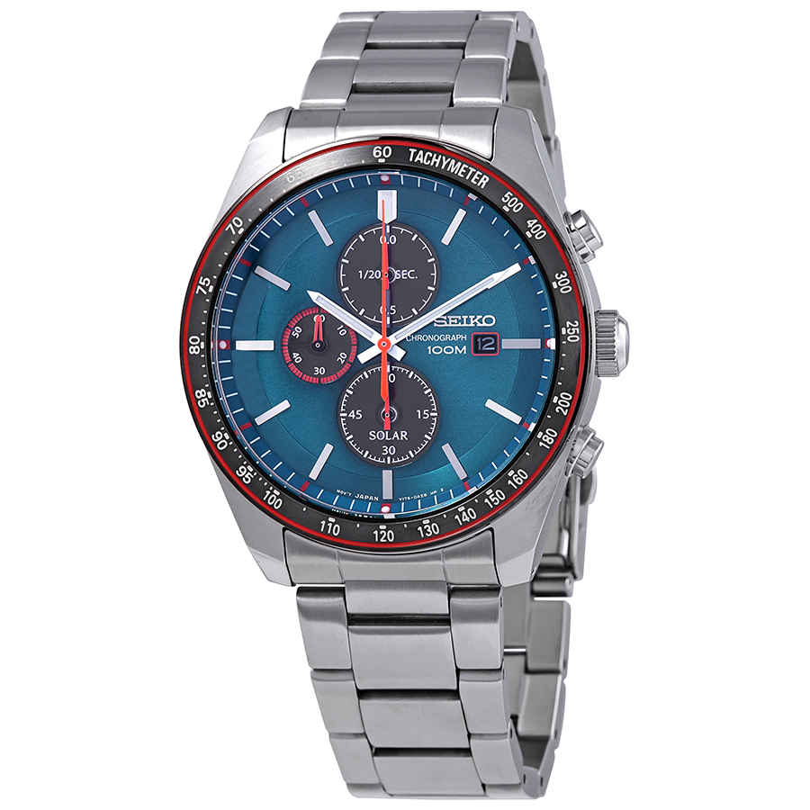 seiko men's solar chronograph silvertone watch with blue dial