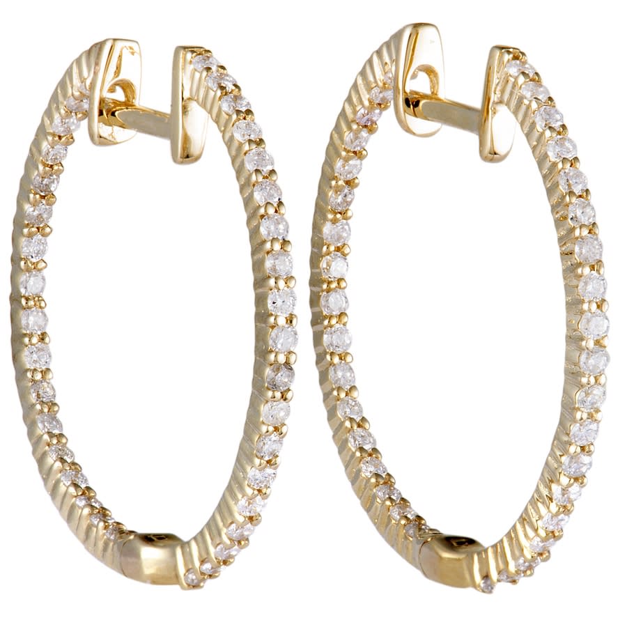 LB Exclusive 14K Yellow Gold .55 Carat VS1 G Color Diamond Pave Inside Out Hoop Earrings