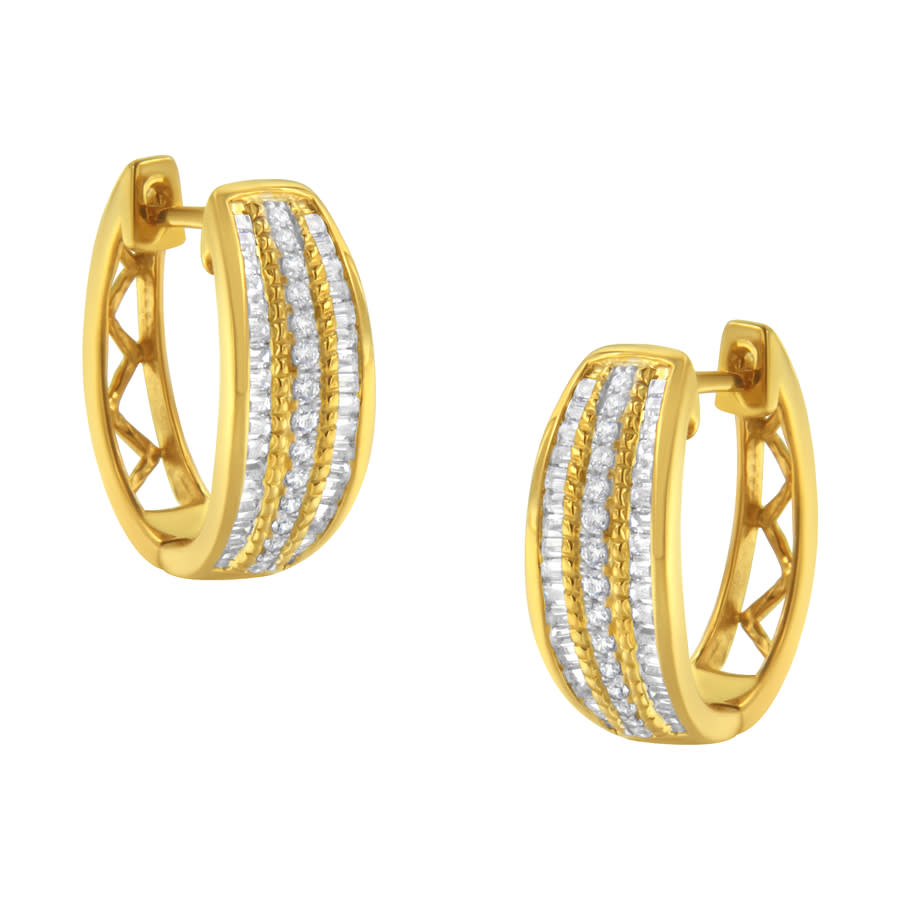 Haus of Brilliance 10K Yellow Gold 34 Cttw Pave and Channel Set Diamond Triple Row Modern Hoop Earrings I-J Color I2-I3 Clarity 1678$