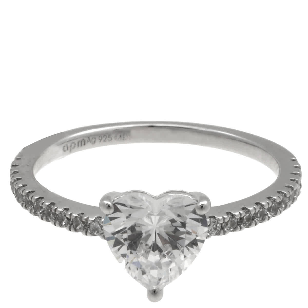 APM Monaco Heart Pave Sterling Silver Ring, Size 54
