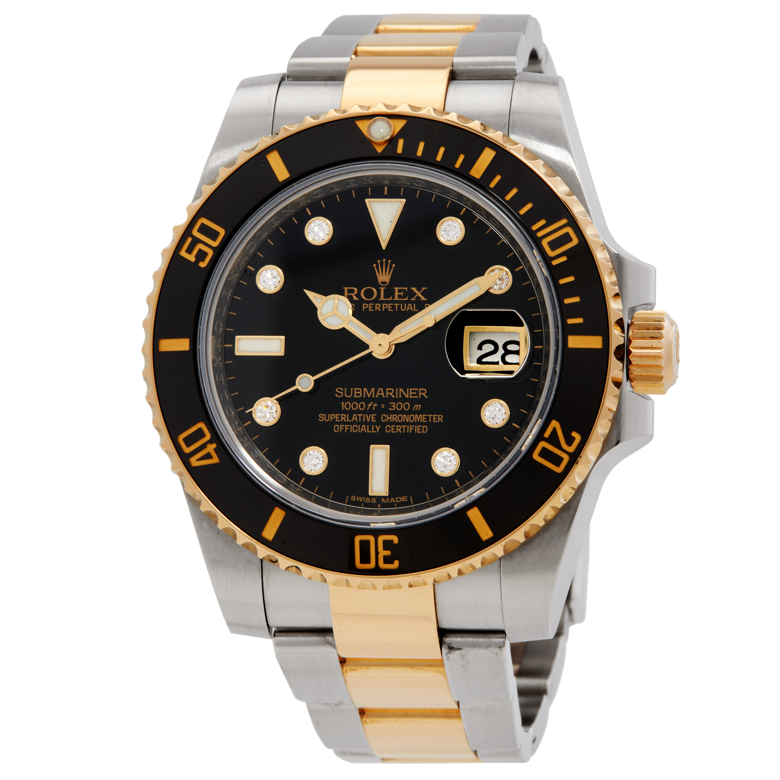 Preowned Rolex Submariner Black Dial Stainless Steel and 18K Yellow Gold Bracelet Mens Watch 116613