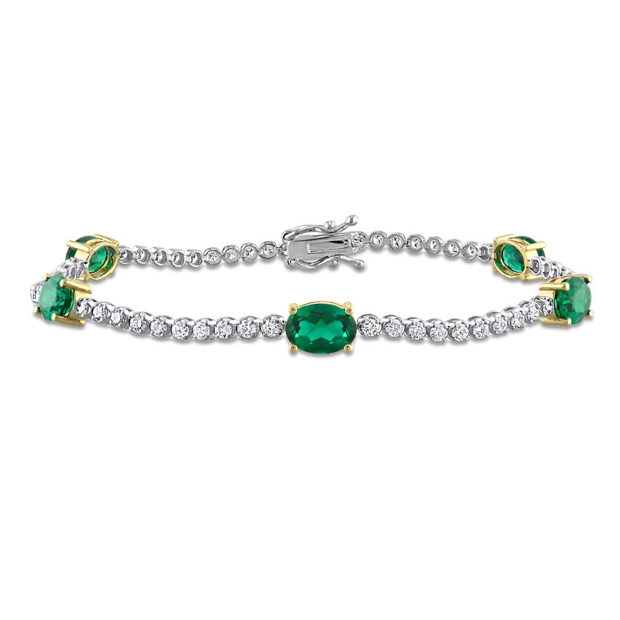 Created Forever 3 1/2 CT TGW Oval Created Emerald and 1 3/8 CT TW Lab Grown Diamond Tennis Bracelet in 18k Two-Tone Gold