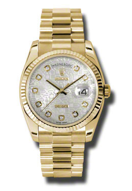 Rolex DayDate Silver Dial 18K Yellow Gold President Automatic Mens Watch 118238SJDP