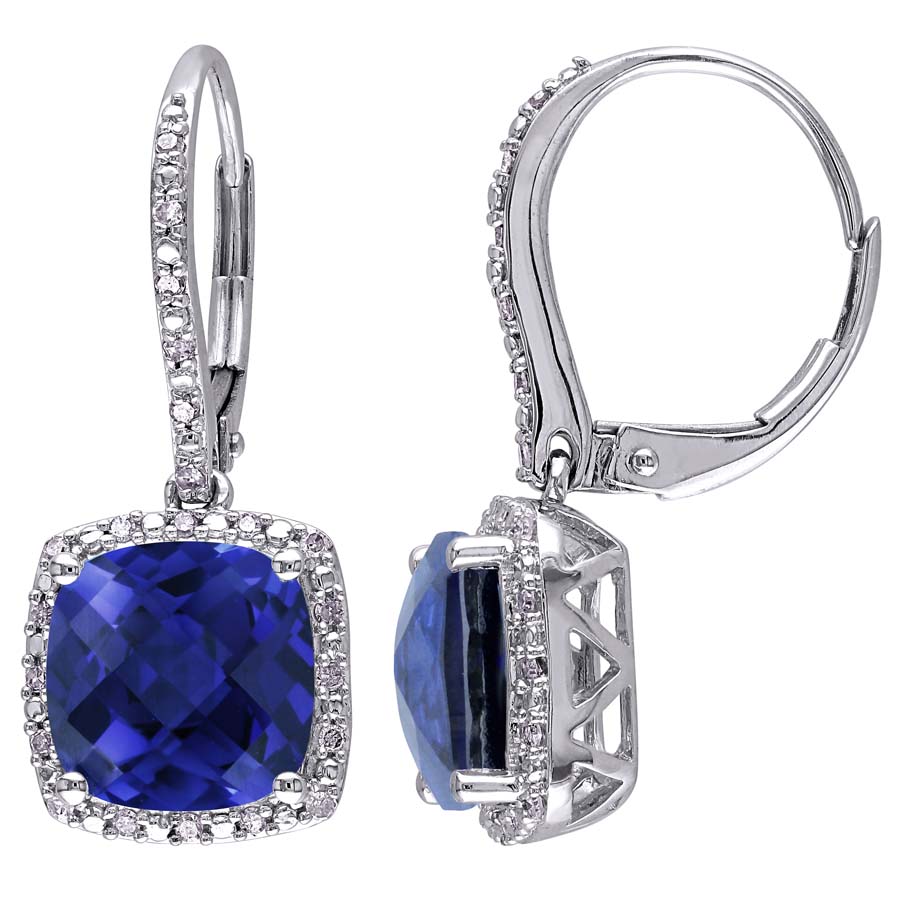 AMOUR 6 12 CT TGW Created Blue Sapphire and 15 CT TW Diamond Leverback Halo Earrings In Sterling Silver 174$