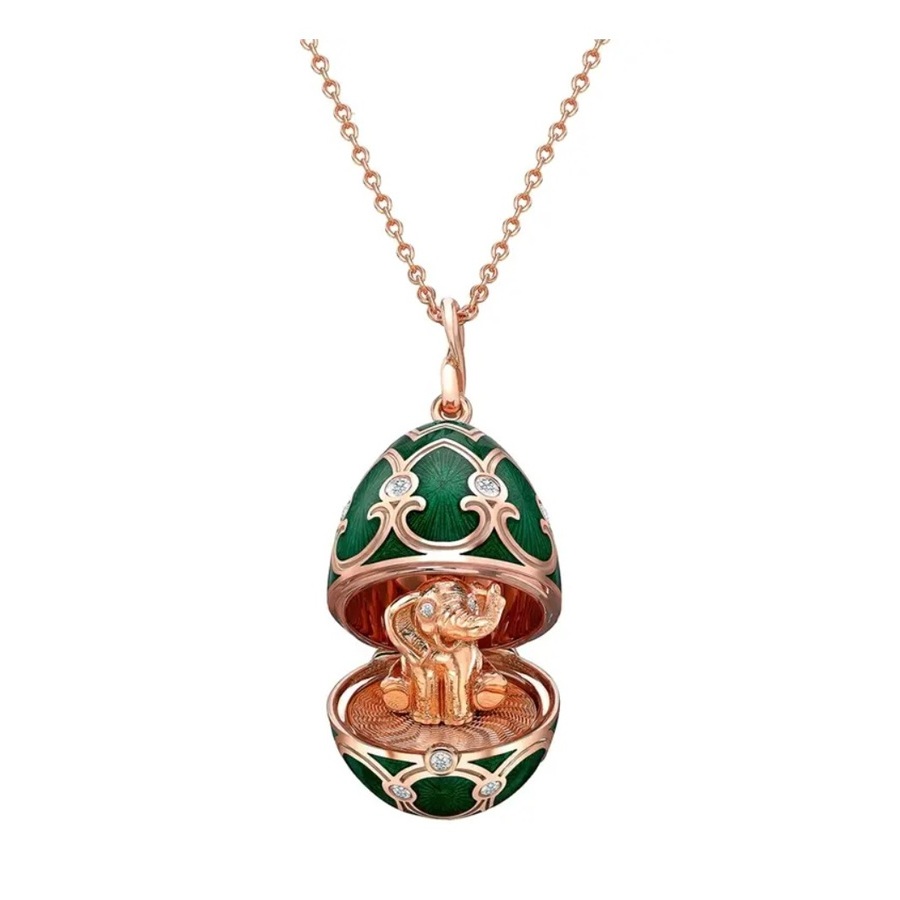 Faberge Heritage Rose Gold Diamond  Green guilloche Enamel Elephant Surprise Locket