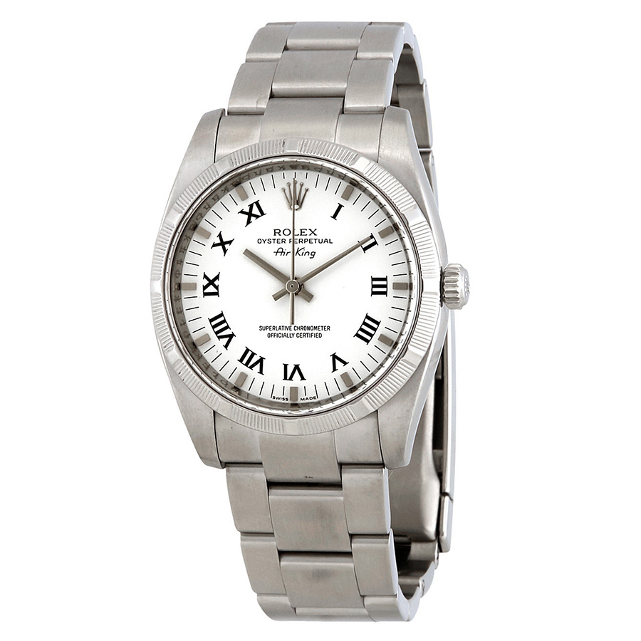 Preowned Rolex Airking White Roman Dial Engine Turned Bezel Mens Watch 114210WRO 34 mm