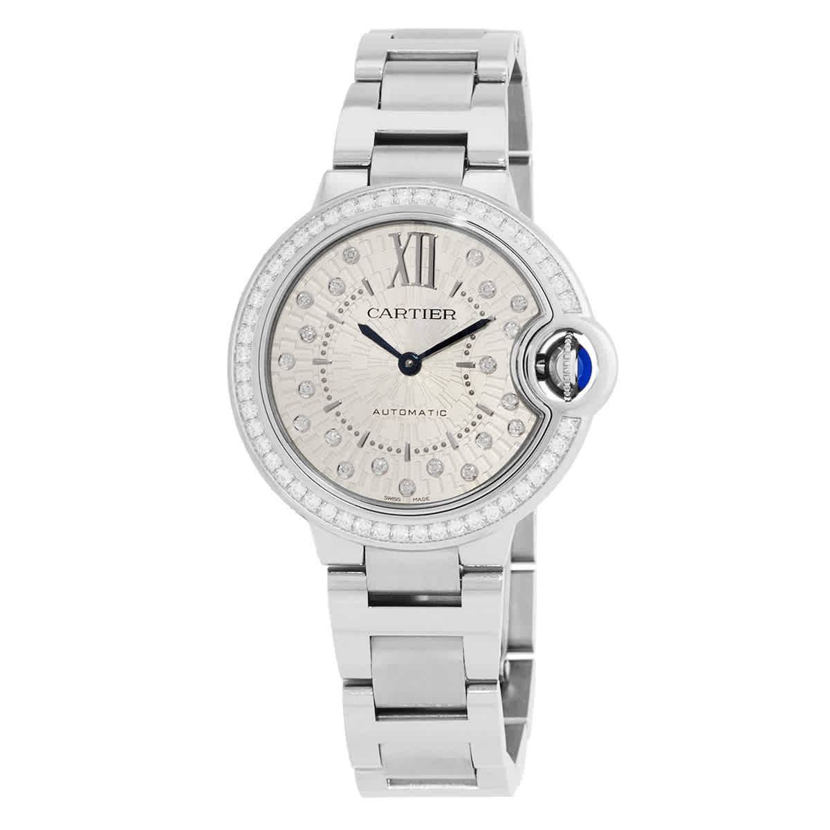 Cartier Ballon Bleu 33mm Automatic Diamond Silver Dial Ladies Watch W4BB0035