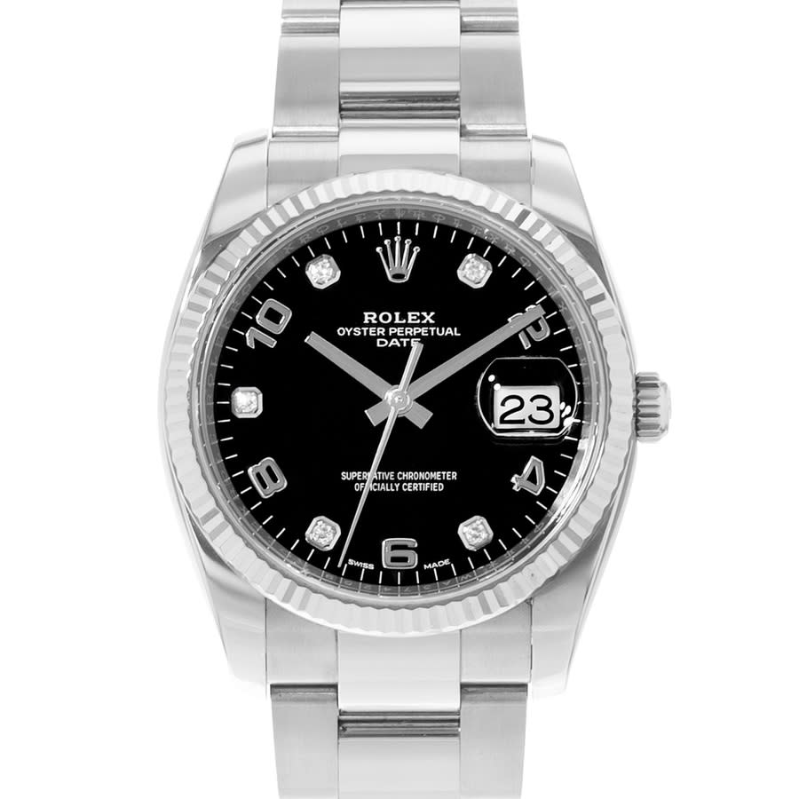 Preowned Rolex Oyster Perpetual Date 34 Automatic Chronometer Diamond Black Dial Mens Watch 115234 BKDO