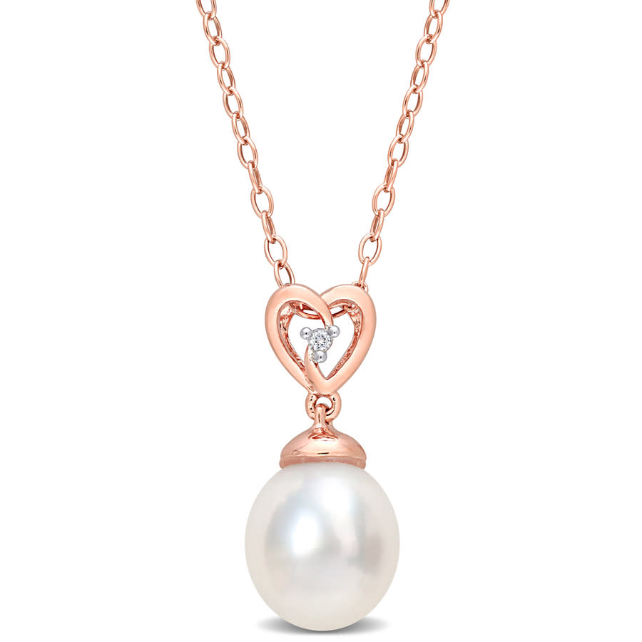 AMOUR 8-9mm South Sea Cultured Pearl and White Topaz Drop Pendant with Chain In Rose Plated Sterling Silver 80$