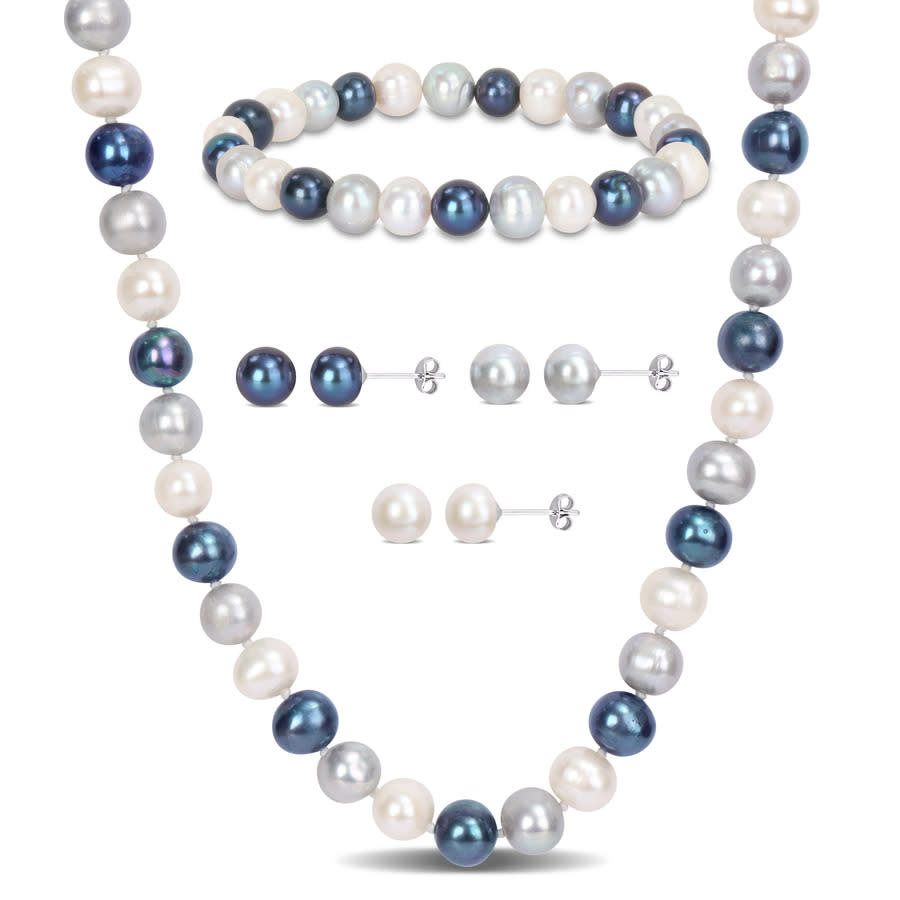 AMOUR 75-8mm Multi-color Freshwater Cultured Pearl 5-piece Set Of Necklace Earrings Bracelet In Sterling Silver 120$