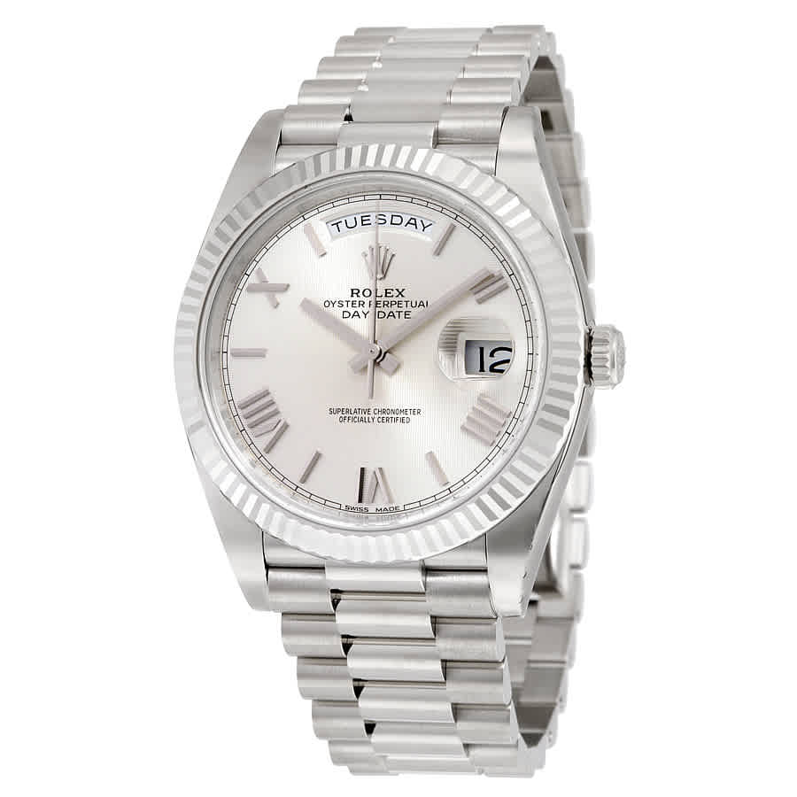 Rolex DayDate 40 Silver Quadrant Motif Dial 18K White Gold President Automatic Mens Watch 228239SQRSP