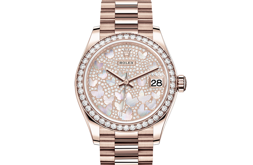 Rolex Datejust 31 Automatic Mother of Pearl Butterfly Diamond Pave Dial Ladies 18 ct Everose Gold President Watch 278285PAVEP