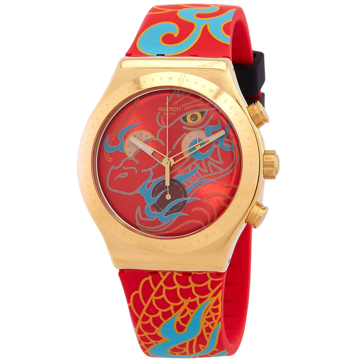 Мужские кварцевые часы Swatch Year Of The Dragon с Красным циферблатом YVZ100