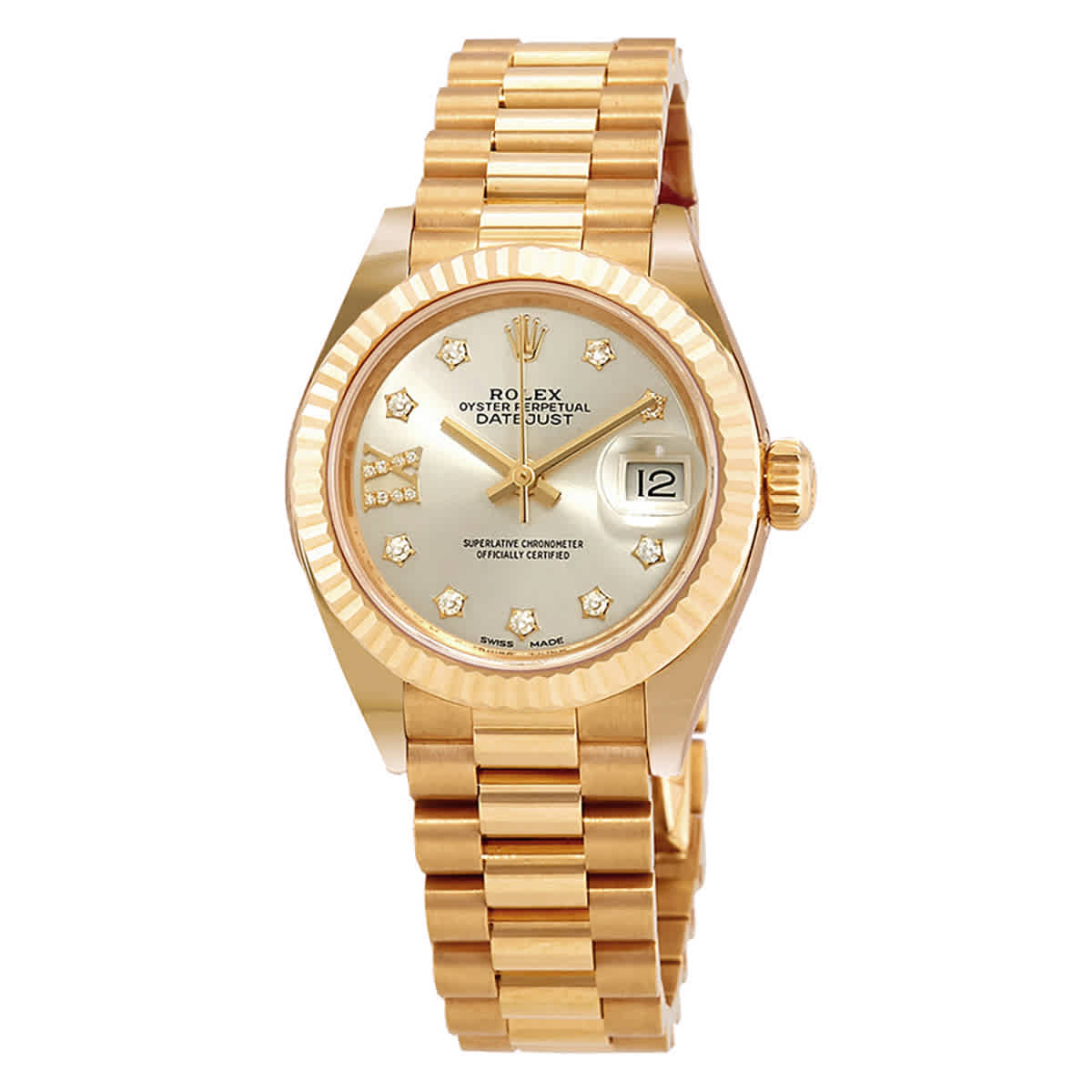 Rolex LadyDatejust Silver Diamond Dial Ladies 18kt Yellow Gold President Watch 279178SRDP