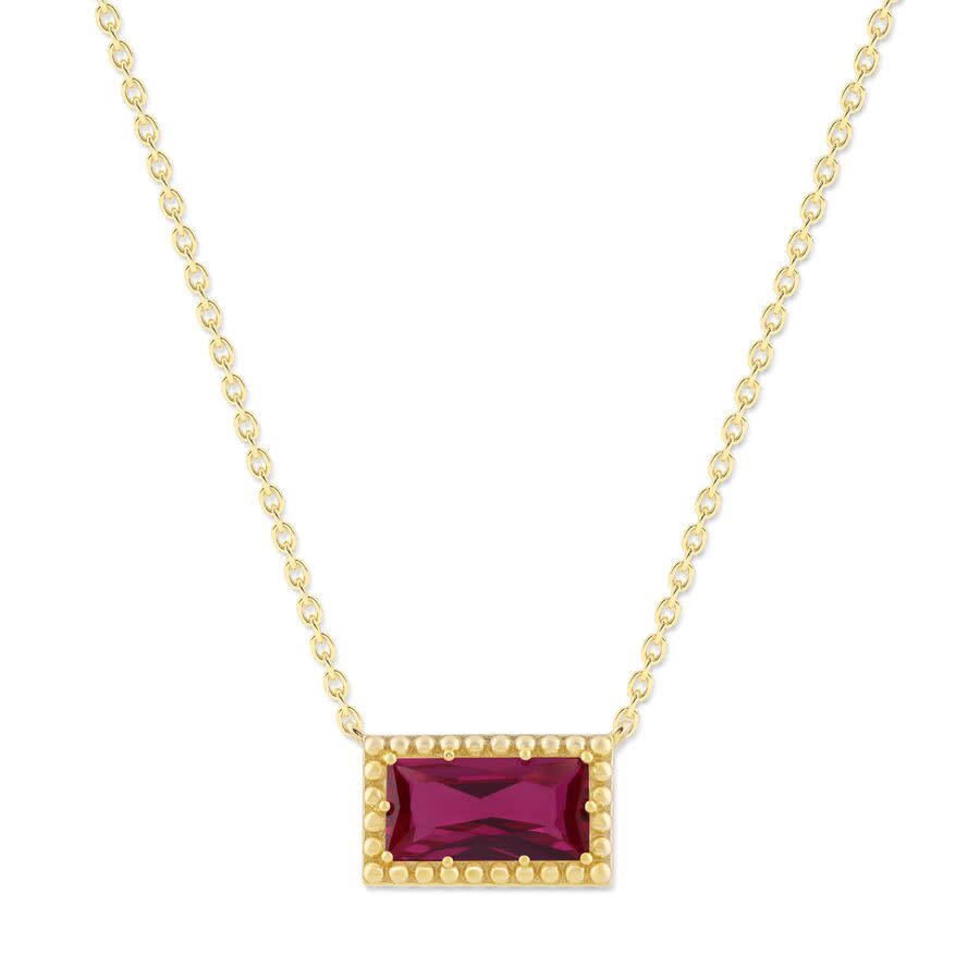 DiamondMuse Belacqua Siam Ruby July Birthstone Baguette Pendant Necklace in 14K Gold Plated Sterling Silver