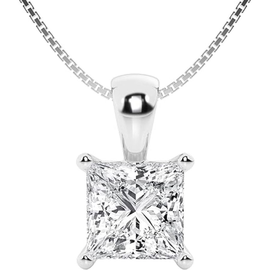Brilliant Diamond 1/2 Carat Princess Lab Grown Diamond Solitaire Pendant in 14K White Gold, IGI Certified, Prong Set, E-F Color, VS Clarity