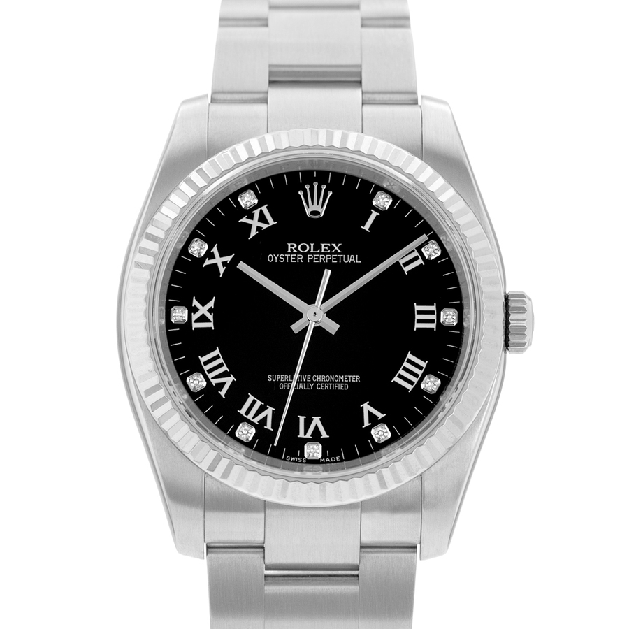 Preowned Rolex Oyster Perpetual 36 Automatic Chronometer Diamond Black Dial Mens Watch 116034 BKRDO