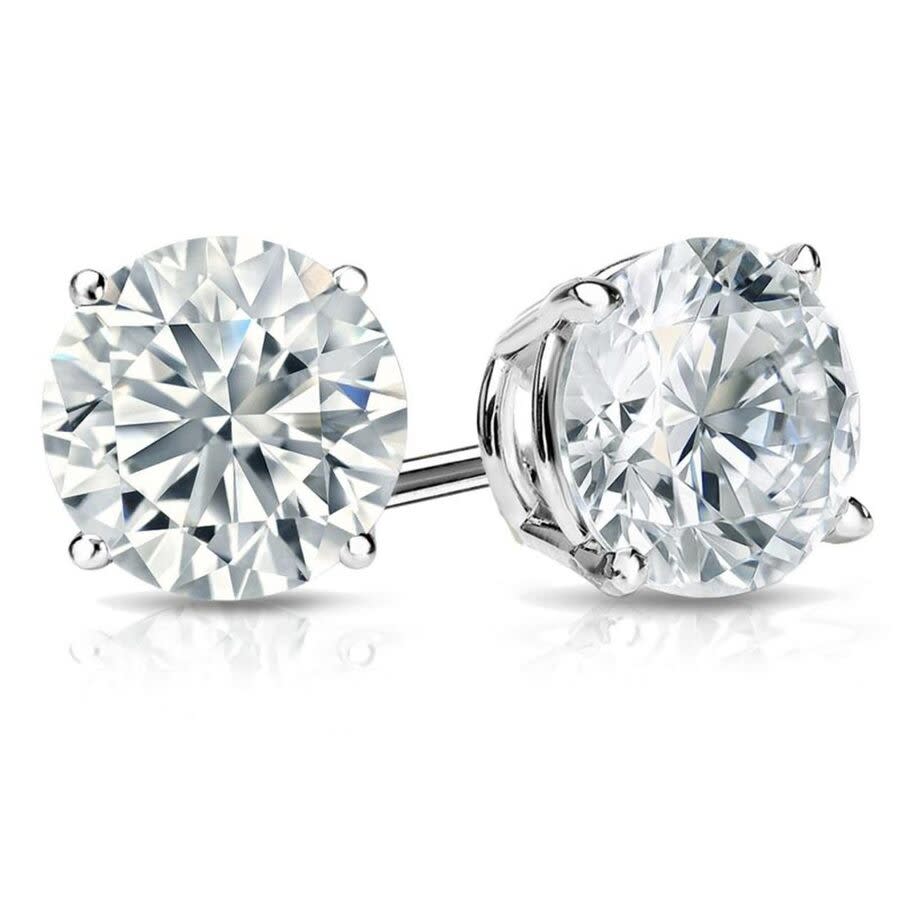 Brilliant Diamond 1 Carat Round Lab Grown Diamond Stud Earrings in 14K White Gold, Push Back, F Color, VS Clarity, 4 Prong Setting