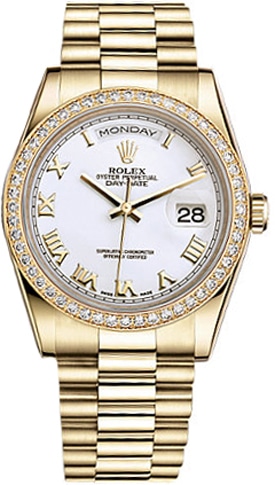 Rolex DayDate 36 Automatic White Dial Ladies 18kt Yellow Gold President Watch 118348WRP