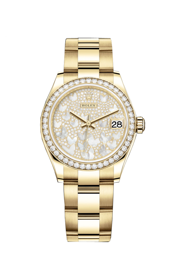 Rolex Datejust 31 Diamond Pave Mother of Pearl Butterfly Dial Ladies 18kt Yellow Gold Oyster Watch 278288PAVEO