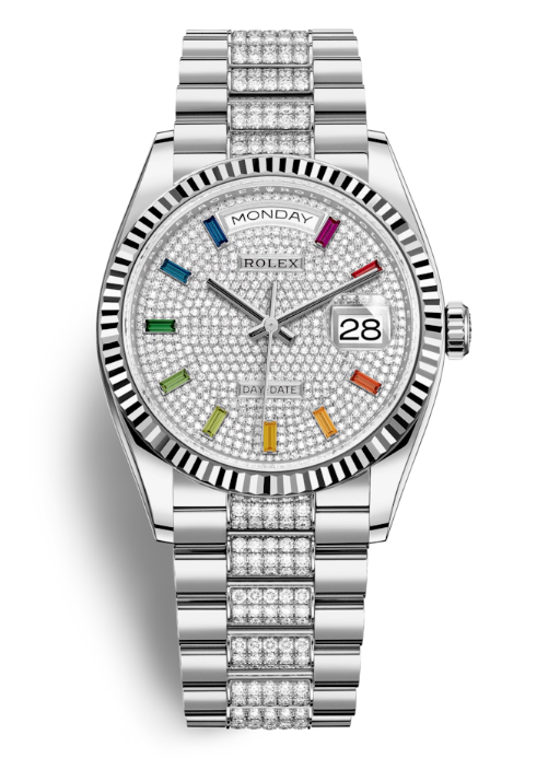 Rolex DayDate 36 Paved Dial 18kt White Gold Diamond Set President Watch 128239DSDP