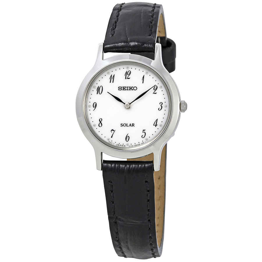 black leather watch white face