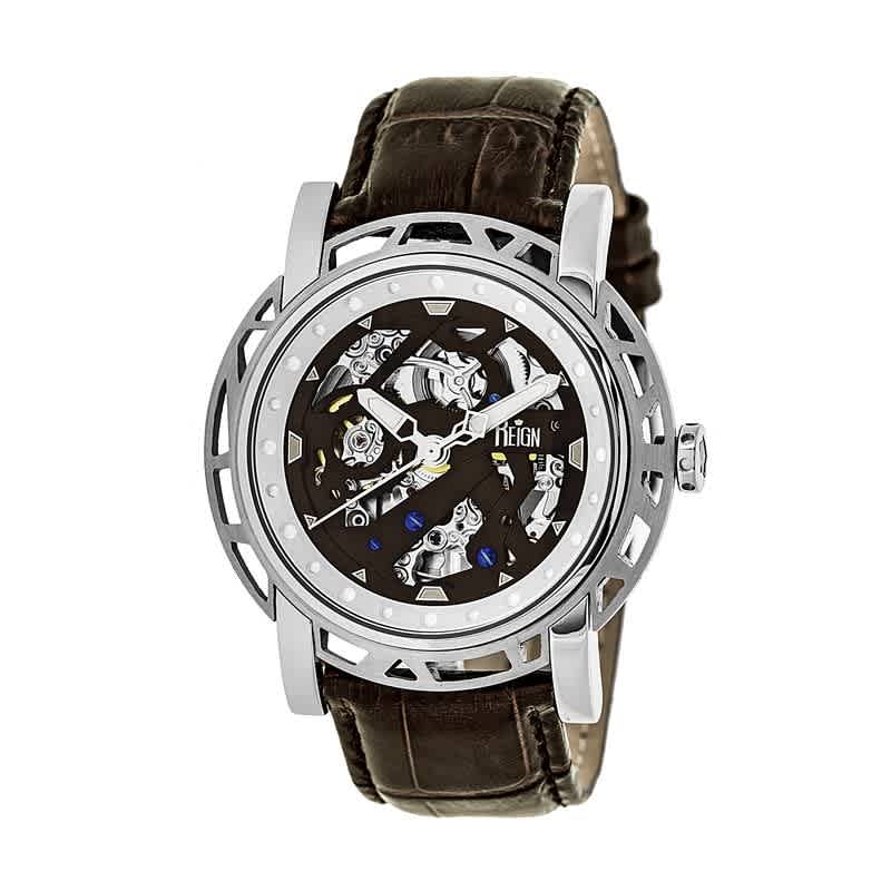 Reign Stavros Black Skeleton Dial Brown Leather Mens Watch RN3701