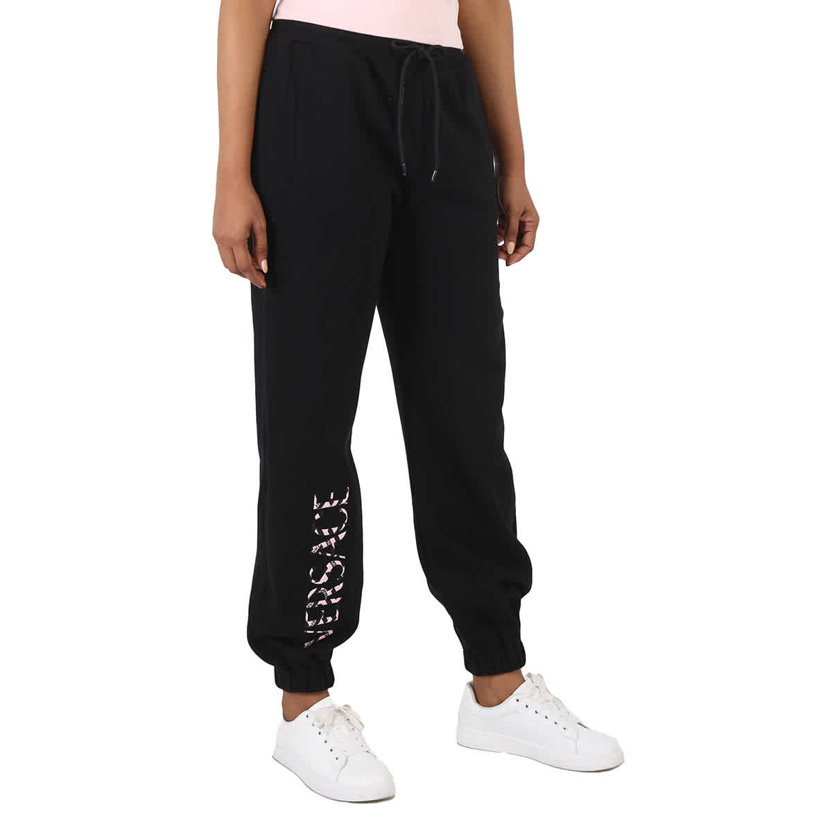 Versace Ladies Logo Embroidered Cotton-blend Sweatpants In Black