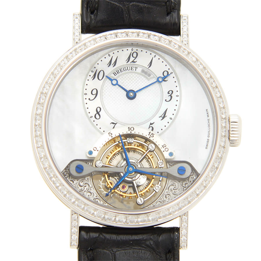 Breguet Tourbillon Mother of Pearl Dial 18kt White Gold Diamond Black Leather Ladies Watch 3358BB52986DD00