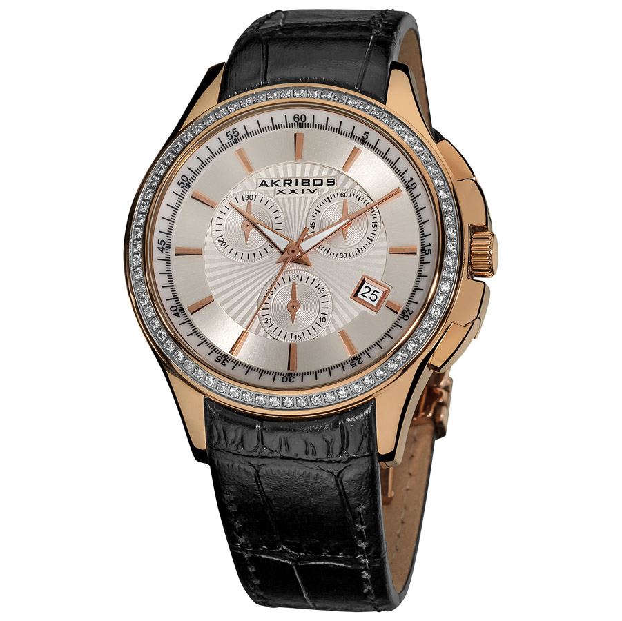 Akribos XXIV Grandiose Crystal Chronograph Rose Gold-tone Steel Black Leather Strap Mens Watch AK615RG