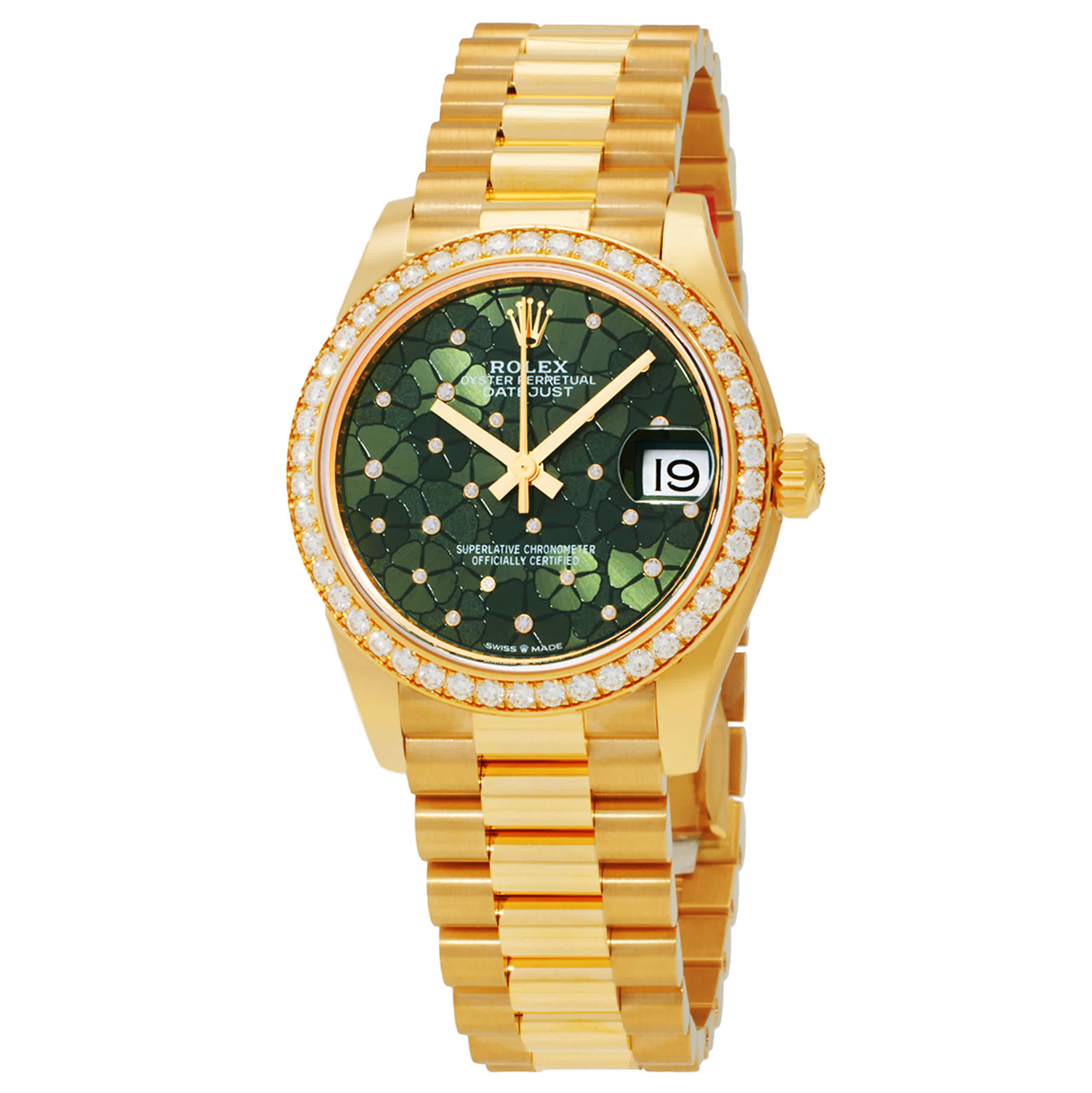 Rolex Datejust 31 OliveGreen Floral Motif Diamond Dial Automatic Ladies 18kt Yellow Gold President Watch M278288rbr0038