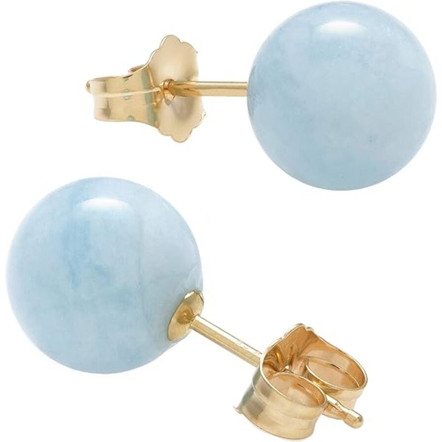 Belacqua Natural 6mm Blue Milky Aquamarine Stud Earrings in 14k Yellow Gold, Push Back, Jewelry for Women, Gift Box Included