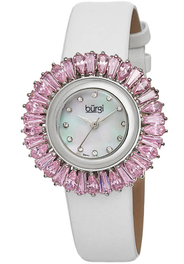 Burgi Mother of Pearl Dial Pink Baguette Crystal Bezel Ladies Watch BUR092PK