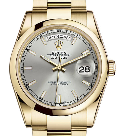 Rolex DayDate Silver Dial 18K Yellow Gold Oyster Bracelet Automatic Mens Watch 118208SSO