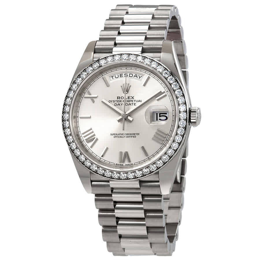 Rolex DayDate Automatic Silver Dial Mens 18kt White Gold Diamond President Watch 228349SRP