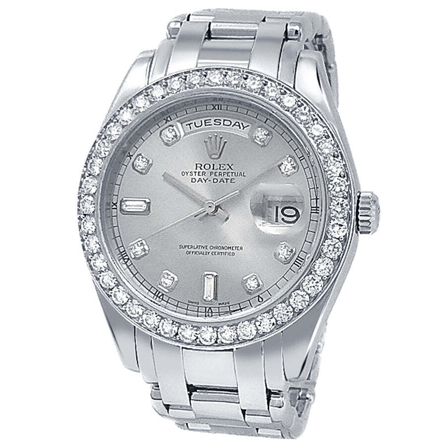 Preowned Rolex Day Date Automatic Chronometer Diamond Silver Dial Mens Watch 18946 SDPM