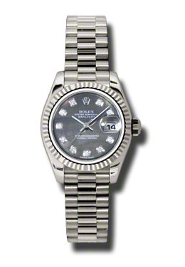 Rolex LadyDatejust 26 Black Mother Of Pearl Dial 18K White Gold President Automatic Ladies Watch 179179BKMDP