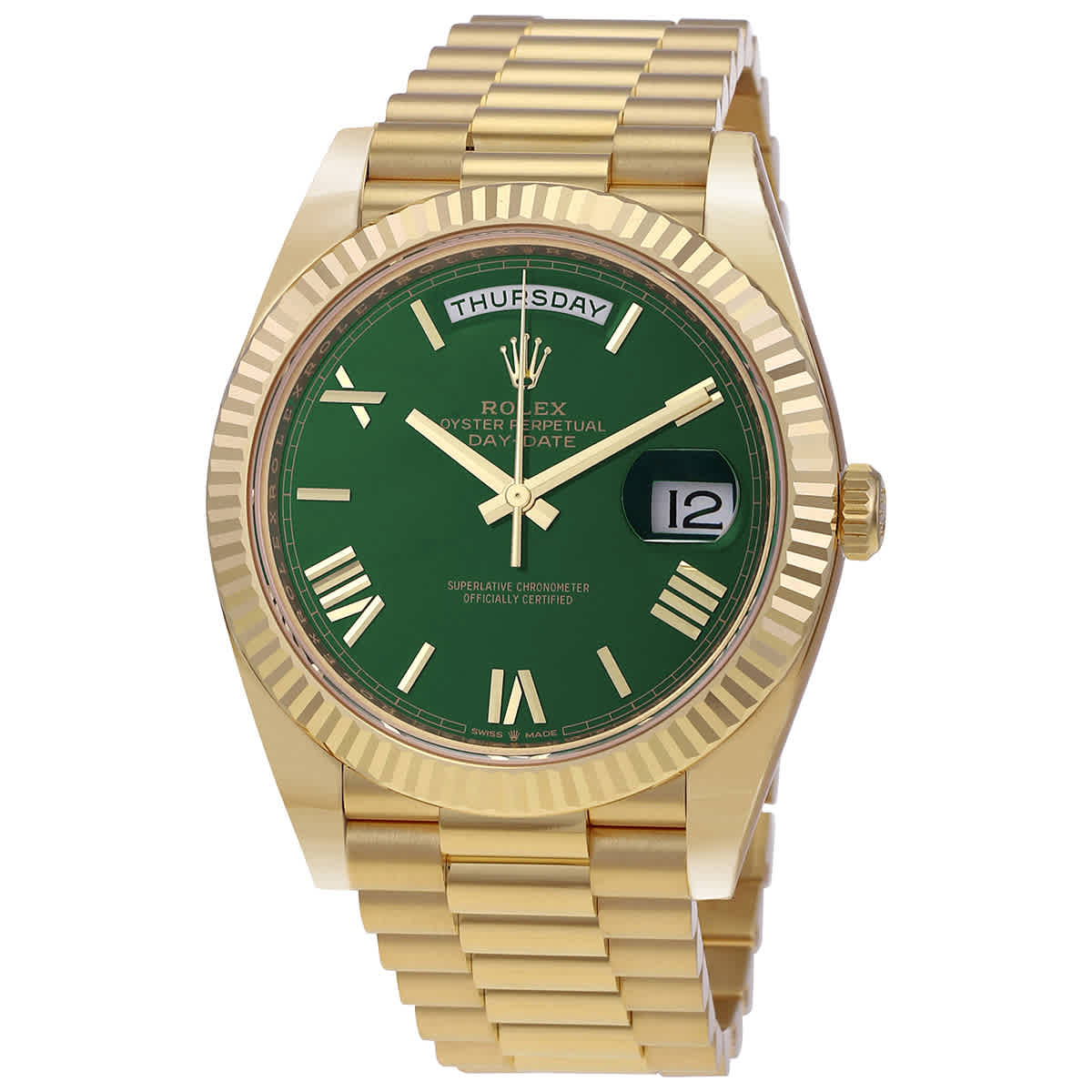Rolex DayDate 40 Green Dial Mens 18kt Yellow Gold Rolex President Watch M2282380061