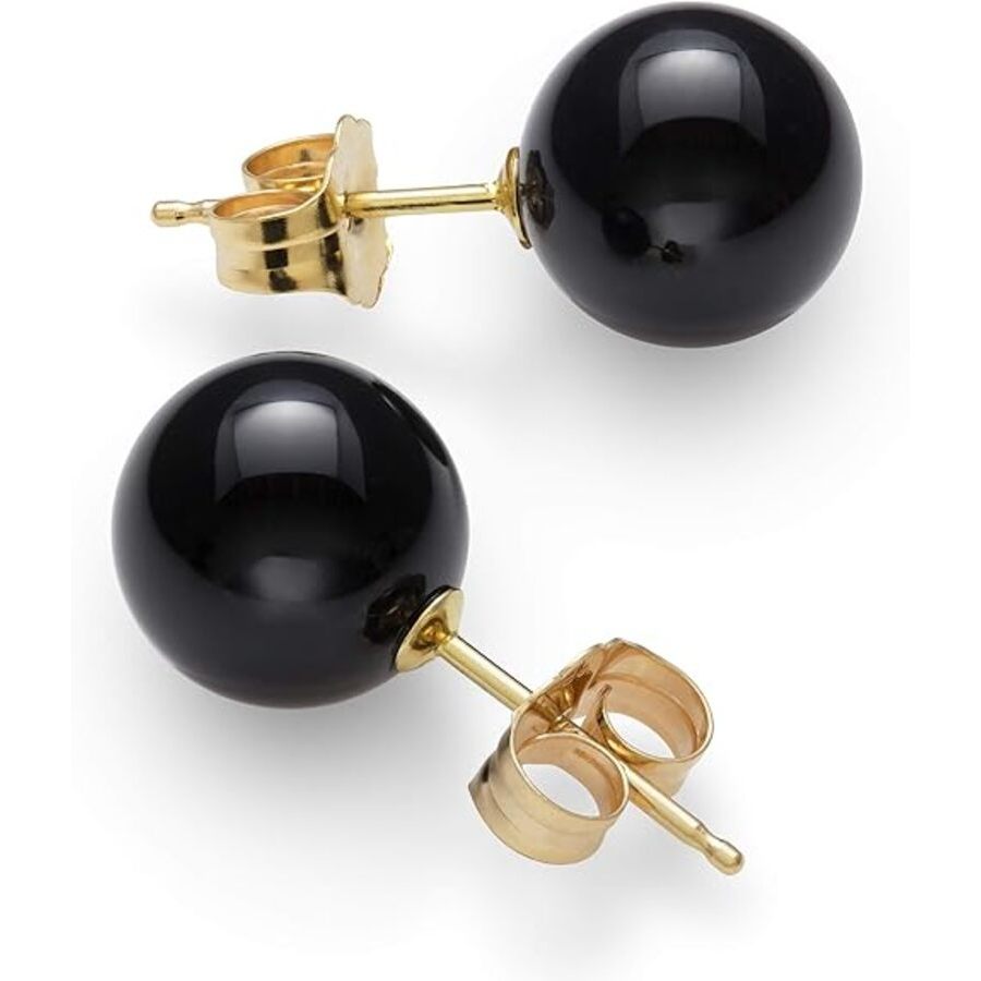 Belacqua Natural 10mm Black Onyx Round Stud Earrings in 14k Yellow Gold, Push Back, Jewelry for Women, Gift Box Included